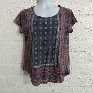 Lucky Brand Womens Top L Purple Blue Kanta Border Boho Linen Blend Short Sleeve